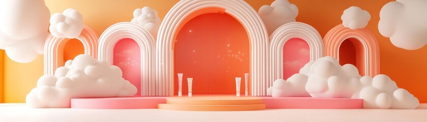 Aufkleber - Dreamy product presentation display with clouds and arches backdrop