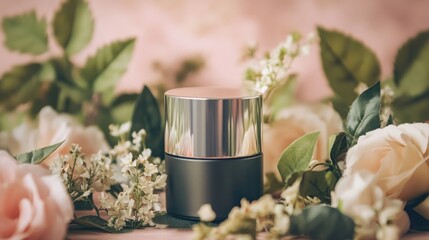 Poster - Black and silver jar surrounded by white and pink flowers