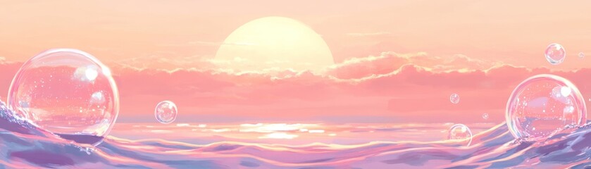Poster - Dreamy landscape with floating bubbles over a pastel ocean