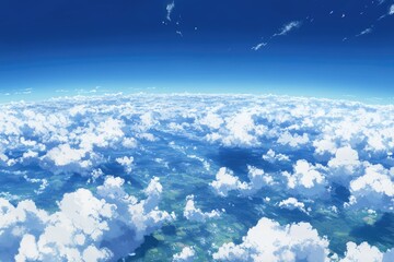 Wall Mural - airplane view cloudscape, blue sky, landscape below, sunny day, travel