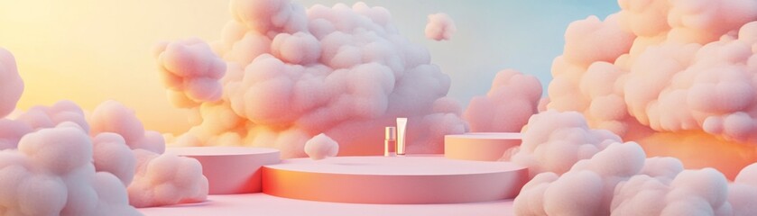 Aufkleber - Product display surrounded by fluffy pink and white cotton clouds