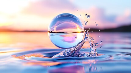 Poster - Colorful Transparent Sphere Splashing Into Water at Sunset