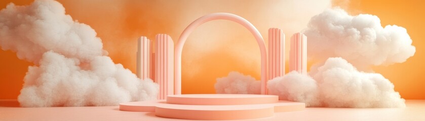 Aufkleber - Peach colored display stand with arch amidst fluffy white clouds