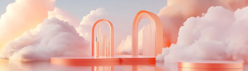 Aufkleber - Peach pastel podiums with archways set against fluffy clouds
