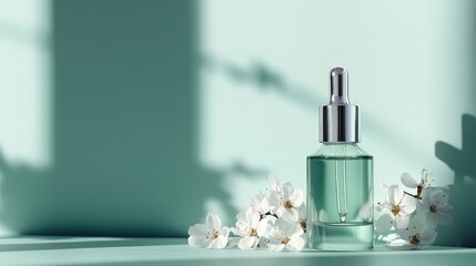 Poster - Serum bottle and white flowers sit in soft light