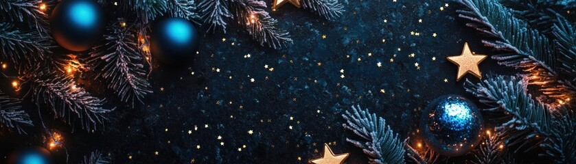Aufkleber - Christmas decorations with blue ornaments and golden star accents