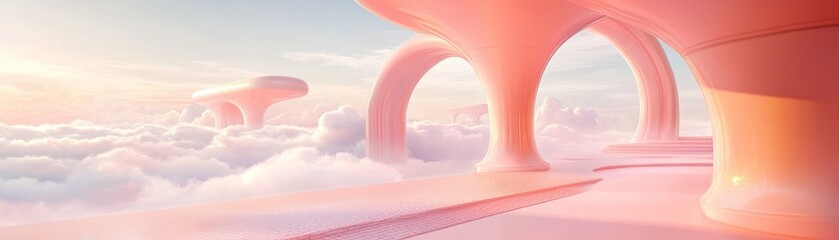 Poster - Dreamy pink structures float serenely above the clouds in this illustration
