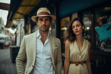 Wall Mural - A man and a woman are standing on a street, both wearing suits and hats