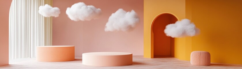 Poster - Minimalist room with platforms clouds and an arched doorway