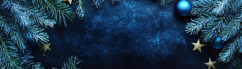 Poster - Christmas decoration with pine branches stars and blue ornaments