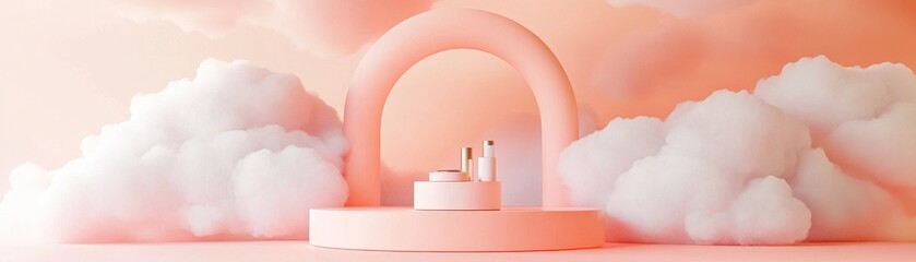 Poster - Peach podium with cosmetic products against a background of clouds