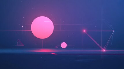 Wall Mural - Abstract landscape featuring geometric shapes and glowing pink orbs