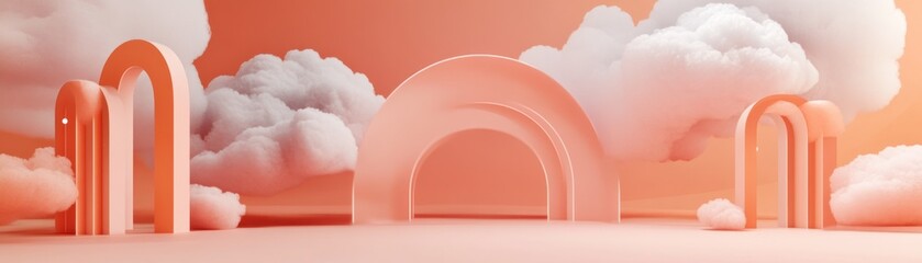 Poster - Peach arches stand amidst fluffy white clouds creating a dreamlike scene