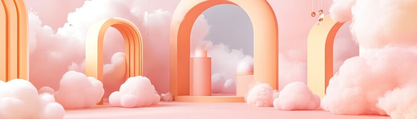 Poster - Dreamy background features clouds arches and pink cylindrical product