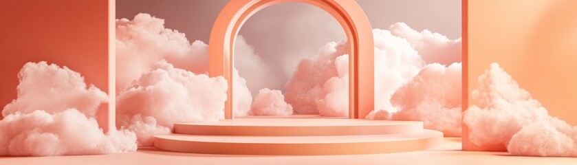 Poster - Elegant platform display surrounded by fluffy clouds and archway