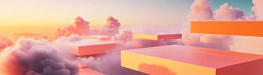 Poster - Abstract platforms float among pastel clouds in a surreal dreamscape