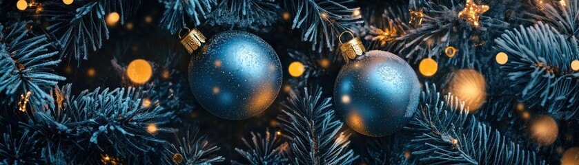 Aufkleber - Two blue christmas ornaments hanging on a christmas tree