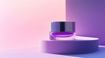 Poster - Clear cosmetic jar with purple contents on a cylinder stage