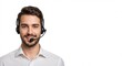 © EZPS - Young business man telephone operator hotline worker customer support service manager with headset isolated on a white background copy space. Call center concept