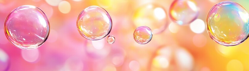 Poster - Colorful iridescent soap bubbles float against blurred pastel background