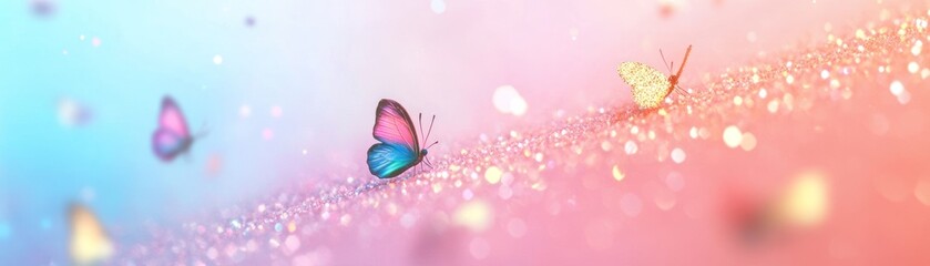Poster - Colorful butterflies rest on a shimmering surface with soft lighting
