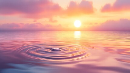 Poster - Tranquil sunset over water with a single droplet causing ripples