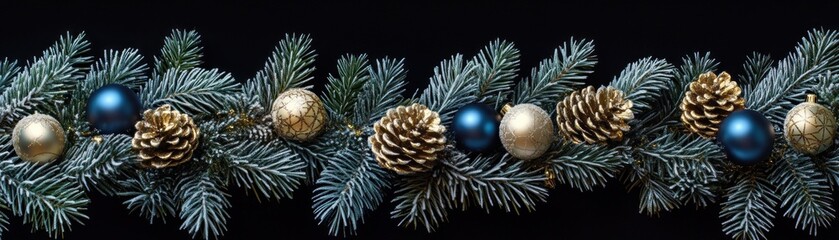 Poster - Festive evergreen branch adorned with ornaments on a black background