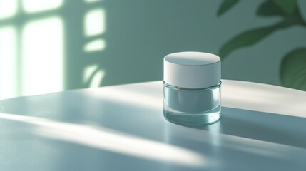 Poster - Glass skincare jar with white lid stands in soft light