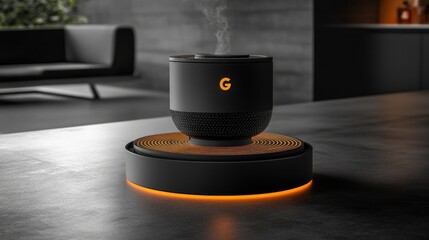 Fototapete - A futuristic G logo incorporating sound waves from a coffee grinder within its stroke, representing aroma and craftsmanship