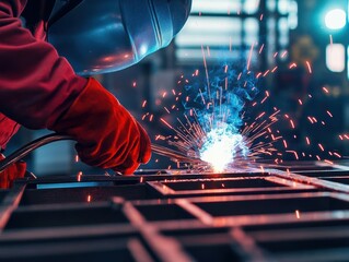 Leinwandbilder - Welder working on metal fabrication in industrial factory setting with protective gear and equipment