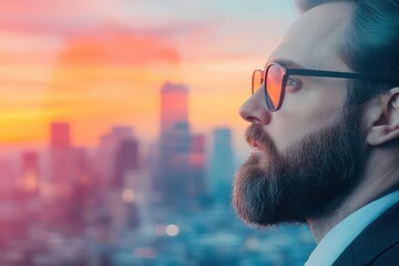 Poster - Man with glasses observing a cityscape from a high vantage point during daytime