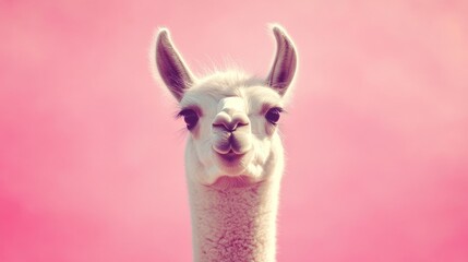 Poster - Portrait of a white llama against a pink background