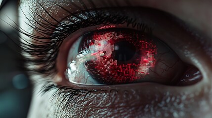 In this close-up, a person's eye framed by glasses reflects digital data and binary code, symbolizing focused and inquisitive attention