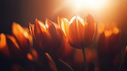 Canvas Print - Orange tulip flowers are illuminated by the sunlight behind them