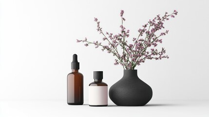 Poster - Two bottles and a vase with flowers presented nicely