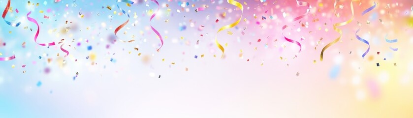 Aufkleber - Colorful confetti and streamers falling against a pastel gradient backdrop