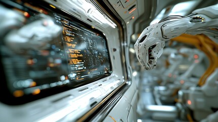 Poster - A photograph capturing a high-tech, futuristic industrial scene complete with real-time data analysis and visualization technologies, featuring holographic displays, automated systems, and advanced