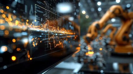 Poster - A high-tech, futuristic industrial environment is depicted in this photograph, incorporating real-time data analysis and visualization technologies such as holographic displays, automated systems,