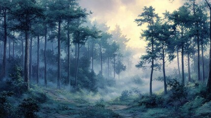 Poster - Forest landscape with tall trees and a misty atmosphere