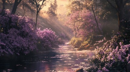 Poster - Tranquil river flows amidst vibrant pink blossoms in the forest