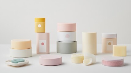 Poster - Pastel colored containers and soap are arranged on white background
