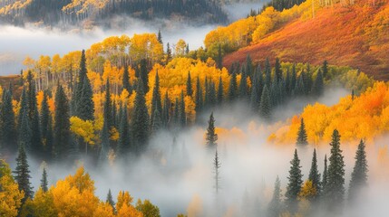 Poster - Mountain landscape showing the peak fall foliage season and fog