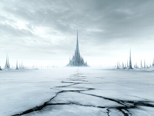 Poster - A magical ice kingdom with colossal frozen spires, floating ice shards glowing with internal energy, an enchanted castle in the distance, mystical and awe-inspiring, high fantasy vision