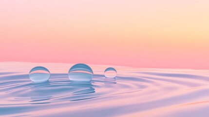 Poster - Three glass spheres resting on water surface under pastel sky