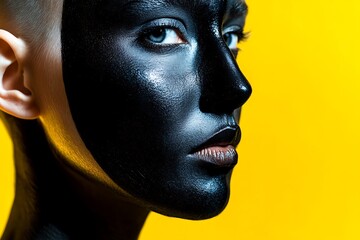 Wall Mural - Woman with black paint on face on yellow background.