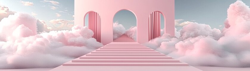 Poster - A surreal dreamscape with floating staircases leading to nowhere, endless doors opening into unknown realms, pastel-hued clouds swirling in the distance, abstract and mesmerizing