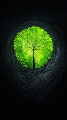 Poster - A colossal ancient tree growing at the heart of a forgotten city, its roots entwined with ruins, a mystical portal glowing within its trunk, nature reclaiming civilization