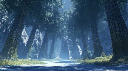 Poster - Tall trees stand in a dense mysterious and foggy forest