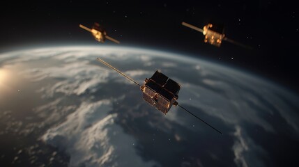 A multitude of satellites circling the Earth form a global digital information network in a 3D visualization