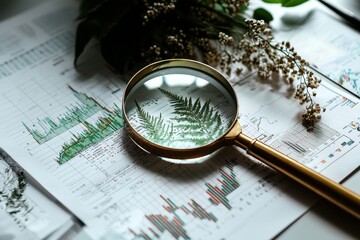 Poster - On the table, you'll find business graphs, charts, and a magnifying glass, focusing on financial development, banking accounts, and statistics